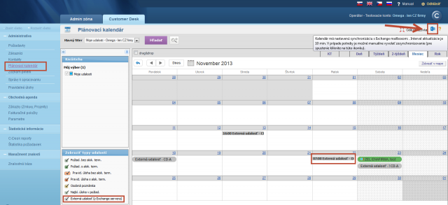 Zobrazenie udalostí z Exchange servera v CDESK kalendári