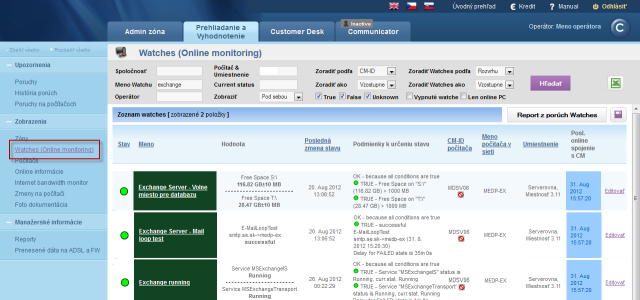 Final setting of all three watches for monitoring of Exchange server's availability